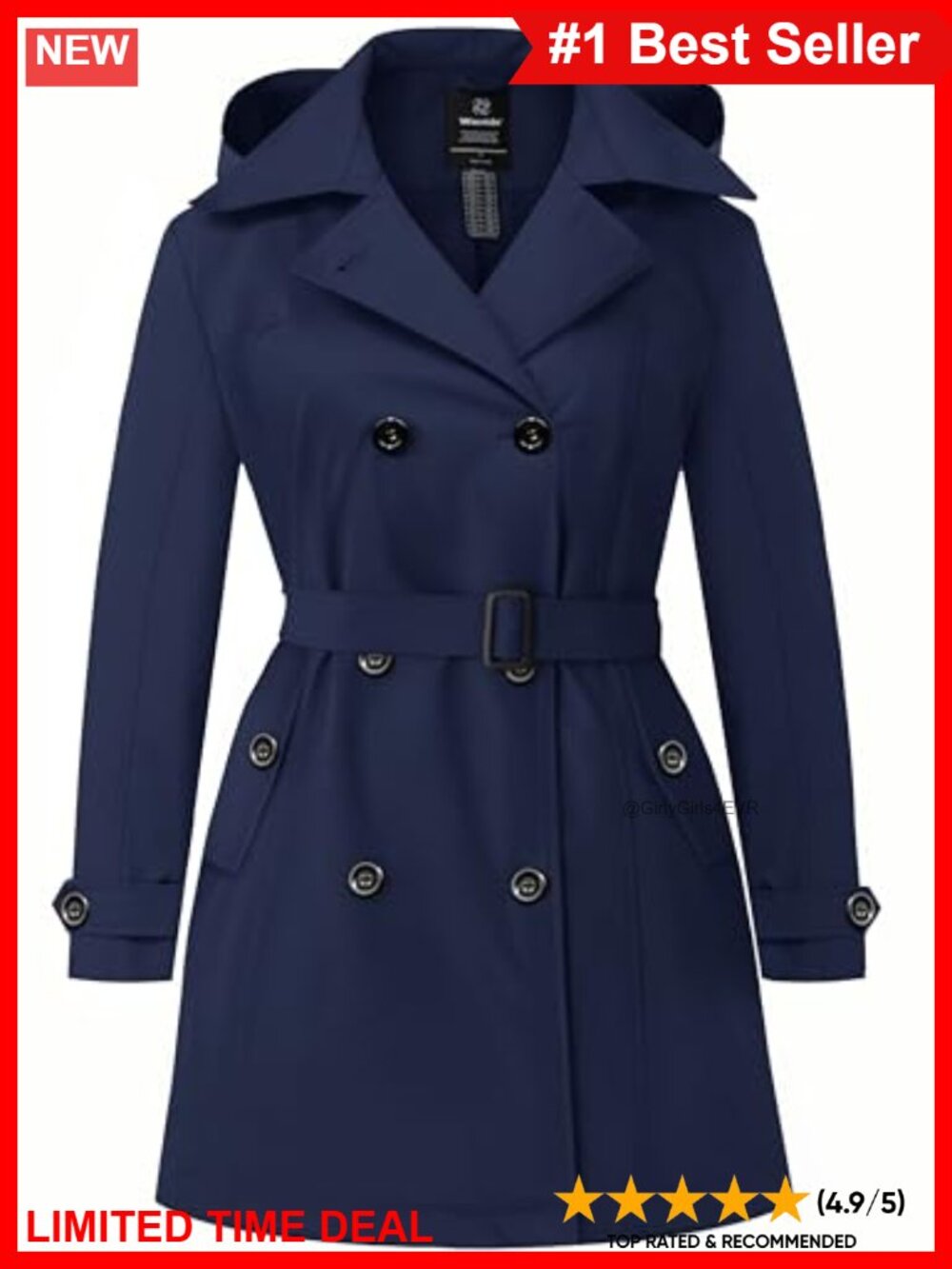 Plus Size Waterproof Trench Coat with Hood Double Breasted Belted Raincoat